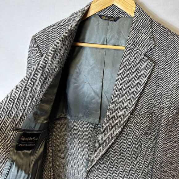 Vintage Marshall & Reed Harris Tweed Black Gray Herringbone Sport Coat Size 42 - Picture 7 of 15